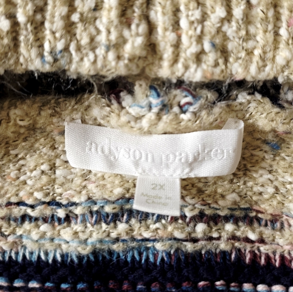 Adyson Parker Boho Knit Hooded Sweater Poncho Cardigan Cream Blue Gold, 2X - Picture 7 of 8